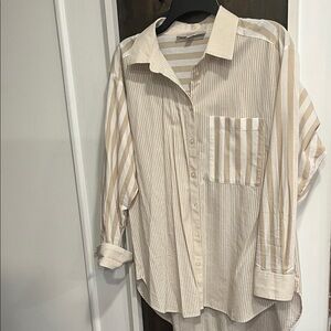 LOFT Beige Striped Women's Button Down Shirt